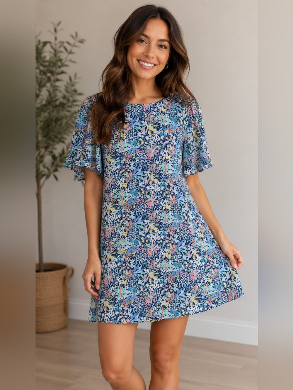 Esprit Blue Floral Mini Dress with Pink & Yellow Accents